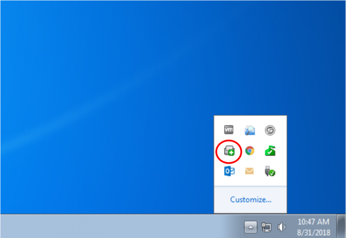 Image of desktop, printer icon circled